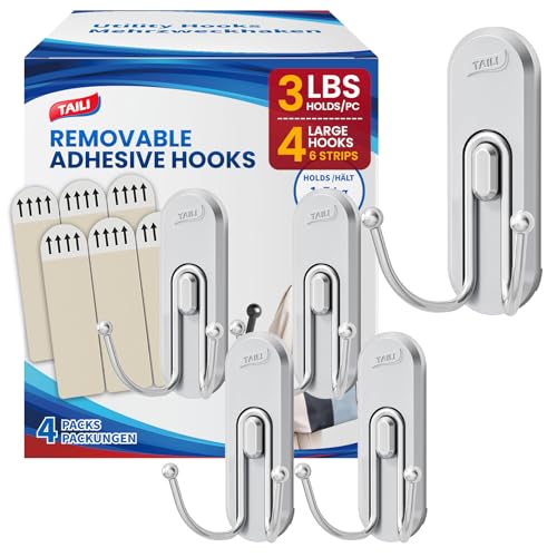 Image of TAILI Adhesive Double Hooks for Hanging, 4 Coat Hooks & 6 Strips, Silver