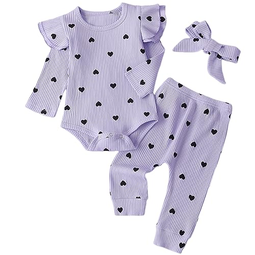 Image of Fullfamous Baby Girl's 3pc Rib Frill Long Sleeve Romper and Pant Set