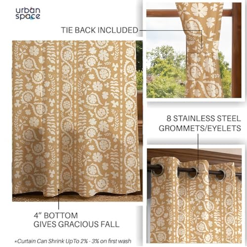 Image of Urban Space 100% Cotton Floral Curtains 5 Feet Long Set of 2, 60-65% Room Darkening, Decorative Curtains with Eyelets /Rings for Hanging, Tieback Included (Dhara Biscuit Beige, Window - 5 Feet)