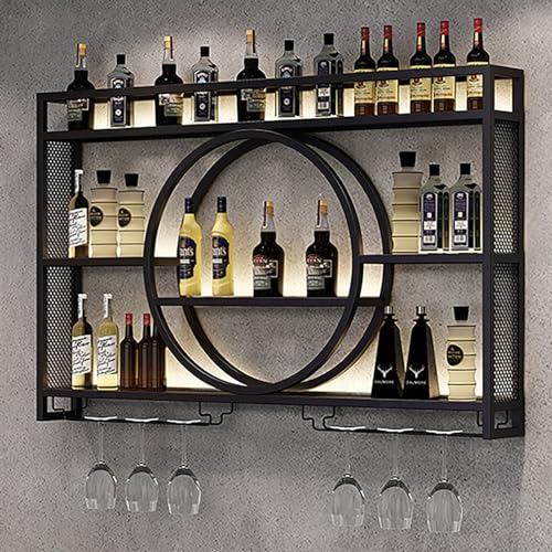 KISYHOLG Botelleros Modernos de Hierro para Pared con luz LED, estantes flotantes para almacenar licores, decoración Elegante para cafetería, Cocina y Sala de Estar, Color Negro. Tamaño: [i