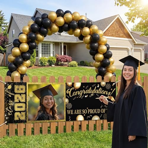 Chumia Black and Gold Graduation Photo Banner 72 x 24 Large Graduation Photo Backdrop We Are So Proud of You Class of 2026 Decoration with Signature Pen Personalized Congrats Grad Party Decor