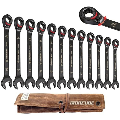 ironcube Reversible Ratcheting Wrench Set: 12-Piece Metric 8-19mm - Tough Black - Wax Canvas Storage Bag - Automotive and Motorcycle Repair Tools