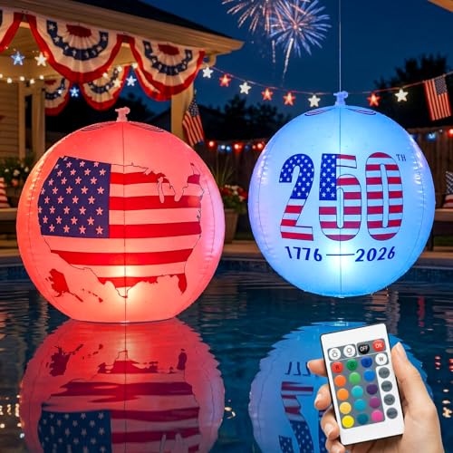 Solar Floating Pool Lights 16inch - Pack of 2 Solar Powered Color Changing Led Glow Balls, Float or Hang in Pool Pond Patio Inflatable Waterproof, Patriotic Decor for 4th of July Independence Day