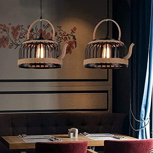 Lustre corde de chanvre et fer blanc forme théière suspension originale E27 - 7