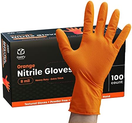 Comfy Package [100 Count] 8 Mil Disposable Orange Nitrile Heavy-Duty Gloves, Industrial, Diamond Texture - Medium