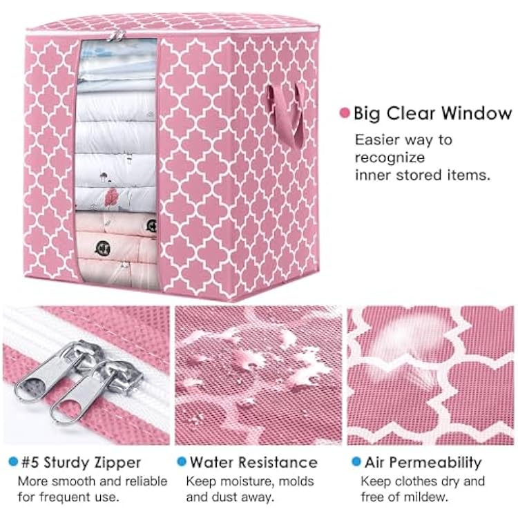 WISELIFE Storage Bags 2 Pack/100L Large Blanket Clothes Organization and Storage Containers for Comforters,Bedding, Foldable Organizer with Reinforced Handle, Clear Window, Sturdy Zippers,Pink