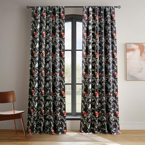 HPD Half Price Drapes Barcelona Velvet Curtains for Bedroom 96 Inches Long (1 Panel) - Floral Printed Rod Pocket Room Darkening Curtains for Living Room & Windows - 50 X 96, Botanic Garden Black