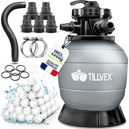 tillvex® Filtre à Sable pour Piscine sans Pompe + Billes filtrantes jusqu'à 50 m³ (50.000 litres) | Cuve Filtre Piscine INCL. Adaptateur Ø32-38mm | Vanne...