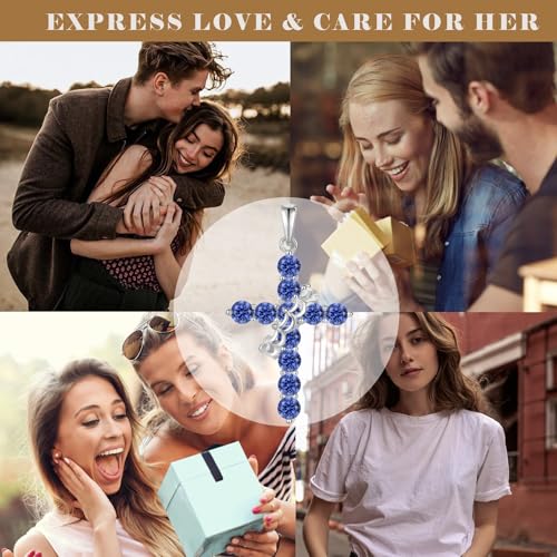 Rotated Crown Cross Necklaces for Women, 925 Sterling Silver Round Cut Zircon Neckalce Pendant With Ring Birthstones Jewelry for Her4