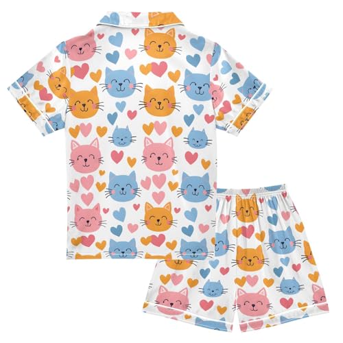ALAZA Cartoon Cat Love Heart Pajamas Satin Pajama Set Short Sleeve Button Down Sleepwear2