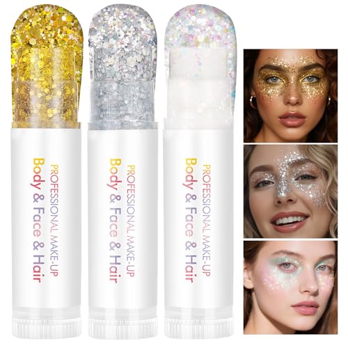 Prreal 3 couleurs de paillettes pour le corps, bâton de maquillage à paillettes de sirène, maquillage gel de paillettes pour le visage, paillettes holographiques pour cheveux pour tenues rave, bâton