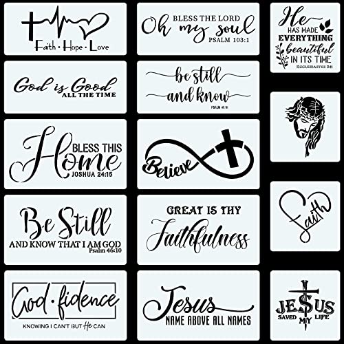 CINPIUK 14PCS Christian Stencils Painting on Wood, Bible Sign Motivational Saying Faith God Fidence Be Still Reusable Painting Stencils DIY Farmhouse Wood Signs for Home Office Decor