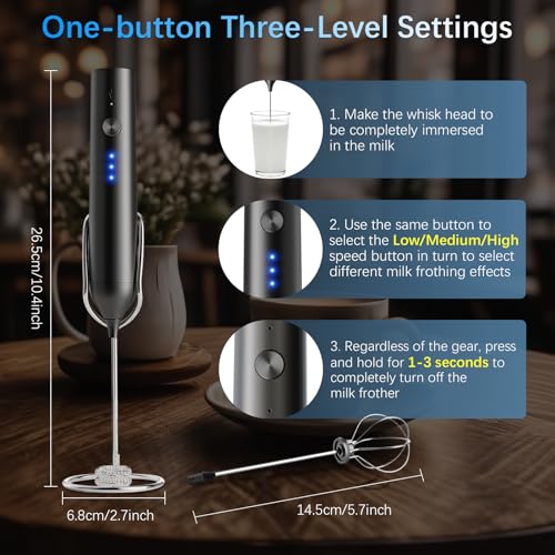 Image of Rechargeable Milk Frother with Stand, Electric Frother Wand Handheld Coffee Foam Maker Detachable Stainless Steel Whisk Drink Mixer Foamer for Latte, Cappuccino, Hot Chocolate, Egg (Black)