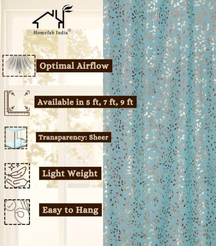 Image of Homefab India Multi Foil Transparent Sheer Curtain - 5 X 4 Feet, Window Curtains, Aqua Leaf, Pack of 1 Piece