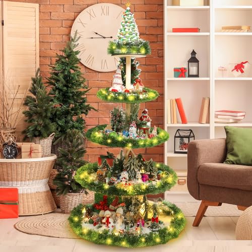 Barydat Christmas Tree Village Christmas Bookshelf Display Supplies Ornament Display Tree Stand Wooden Holder for Holiday Display(5 Tier 59 Inches)