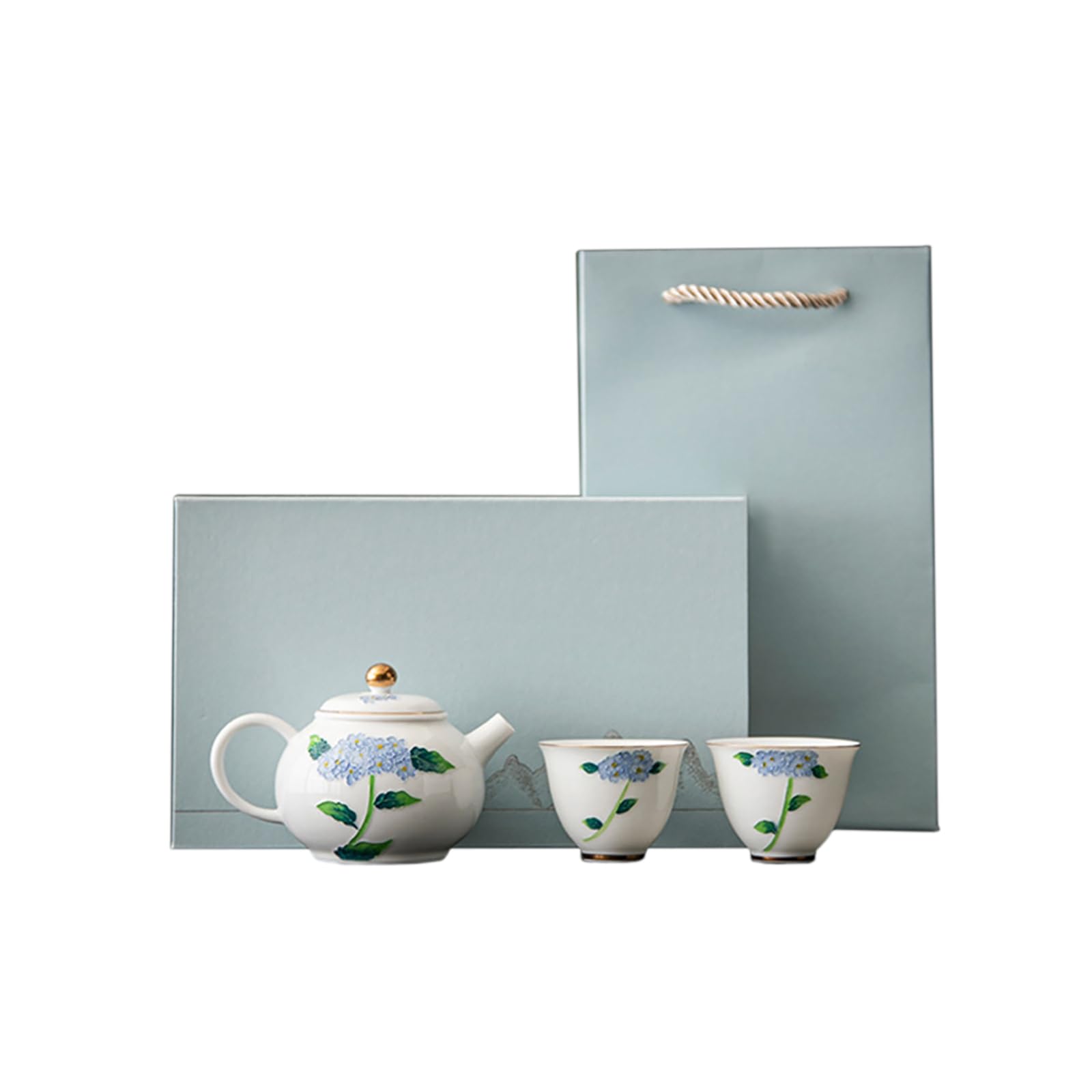 Té de hortensias pintado a mano de porcelana blanca, una olla de dos tazas de personalidad fresca y exquisita para el hogar, azul flor (caja)