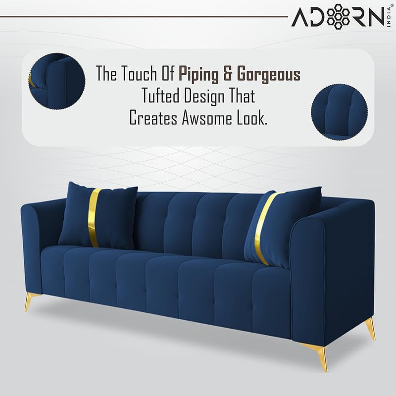 Image of Adorn India Premium Mystic - 3 Years Warranty - 3+1+1 Sofa Set Velvet Suede Fabric - Blue