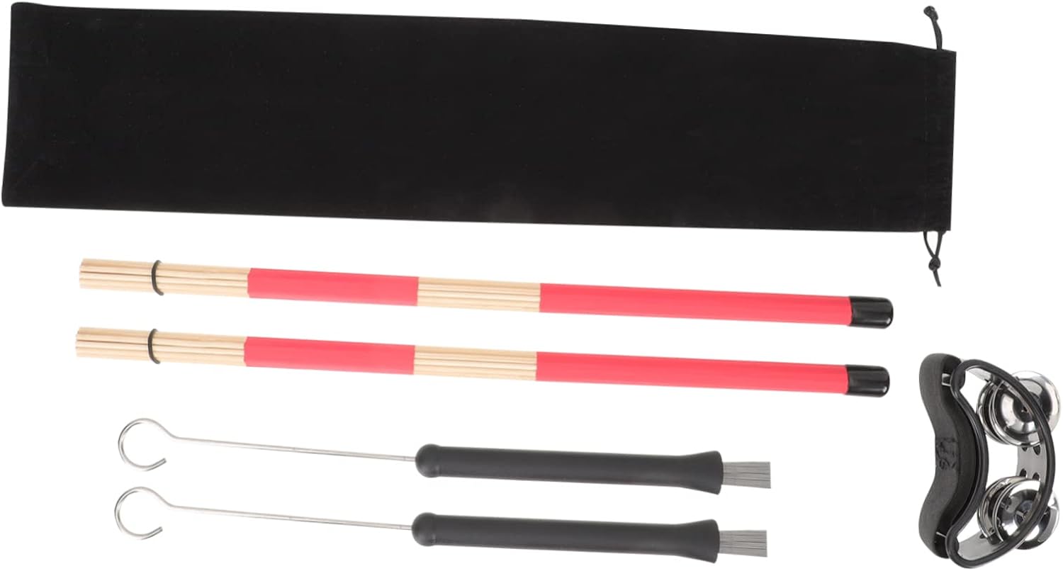 Mikinona 4-Piece Drum Brush Set with Metal Brushes Bamboo Drumsticks and Storage Pouch for Percussion Jazz and Student Use