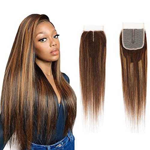 Machine Made Ombre Human Hair Lace Closure 4X4 T-Part Lace Closure Middle Part 130 Density Two Tone Ombre Human Hair Lace Closure Straight Wave P4/27 Highlight Brown Mixed Blonde Wet And Wavy 18 Inch