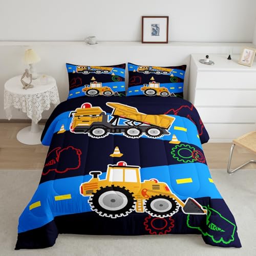 Kids Excavator & Construction Vehicle Bedding Set - Queen Size Comforter, Duvet & Quilt Set - Cartoon Trucks, Bulldozers & Tractors - Colorful