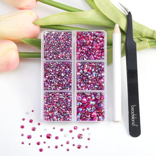 Image of Beadsland 4300pcs Flatback Rhinestones, Red AB Rhinestone Nail Gems Round Crystal Rhinestones for Crafts,Mixed 6 Sizes with Picking Tweezers and Wax Pencil Kit, SS6-SS20, Light Siam AB