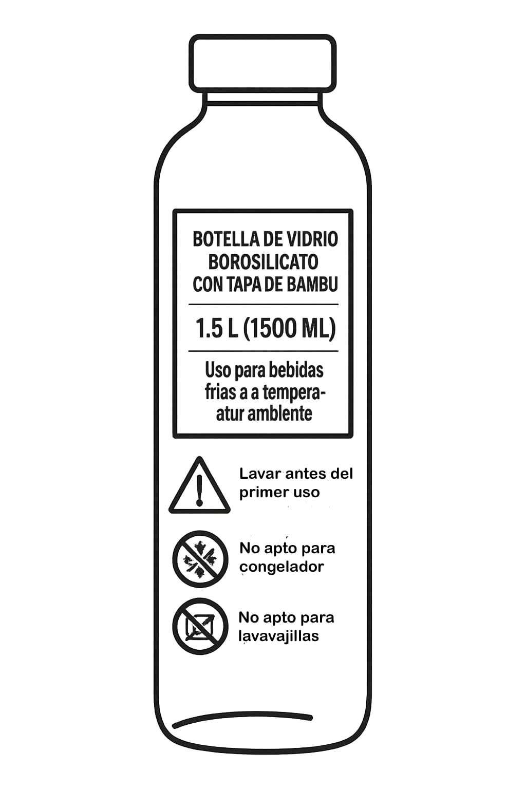Glas-Wasserflasche mit Bambusdeckel, umweltfreundlich, recycelbar, ungiftig, BPA-frei, 2 x Flasche ohne Motto + schwarze Hülle, 1500 ml