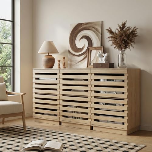 holzart Modern Slatted Wood Audio Component Cabinet, 4-Tier Stereo Equipment Rack Media Stand with Ventilated Door & Cable Management, Oak Finish 35.4\" Tall