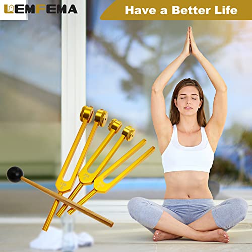 Lemfema Tuning Forks Set(128Hz, 256Hz, 512Hz)- Body Weighted Tuning Forks Perfect For Sound Healing, Medical, Dna Repair, Therapy With Hammer And Storage Bag, Gold #TOP6