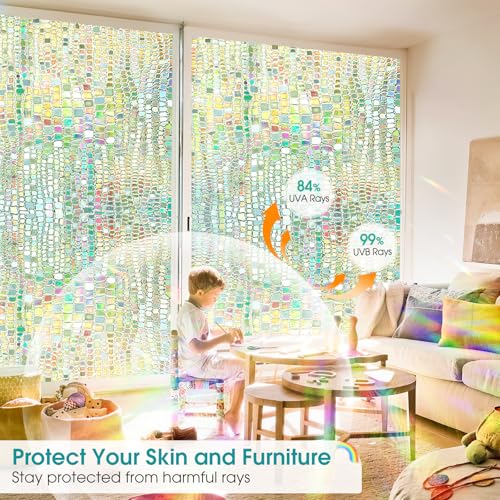 Windimiley Window Privacy Film 3D Rainbow Stained Glass Static Clings Bathroom Decorative Sticker Prism Holographic Window Decals Sun Blocking Non-Adhesive Door Covering,35.4x78.7In, Pure