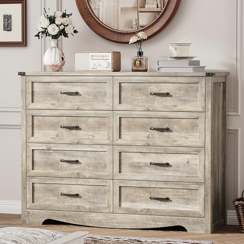 Image of Dresser for Bedroom with 8 Drawers, 48 inch Wide Wood Chest of Drawers with Deep Drawers & Mental Handle, Modern Dresser TV Stand, Wooden Closet Storage Organizer for Living Room, Hallway, Entryway, Grey