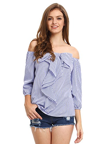 Milumia Women's Tie-Bow Vertical Stripe Ruffle Off The Shoulder Blouse Top Blue M