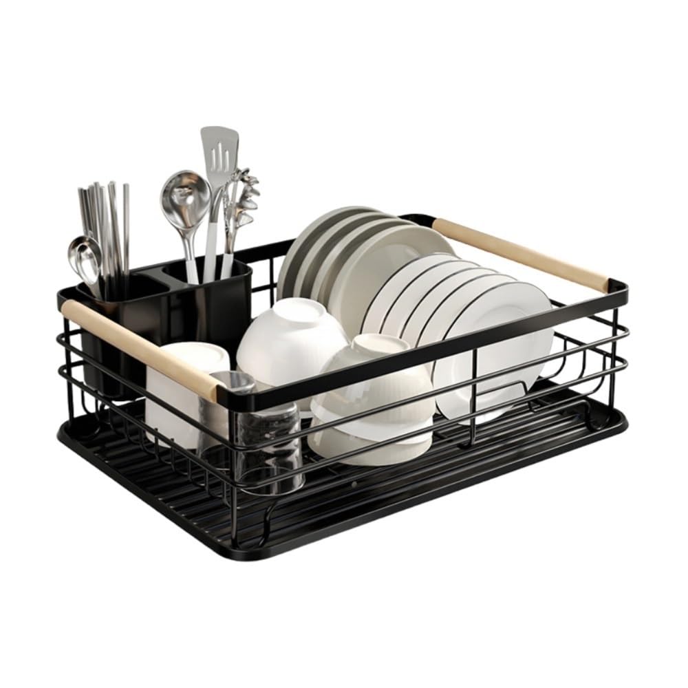 Goxyffmnv Dish Rack, Kitchen Storage Rack, Dish Drain Rack, Cutlery Organizer with Handles, Storage Stand with Removable Drain Tray for Kitchen Countertop, Sink Side(Black)