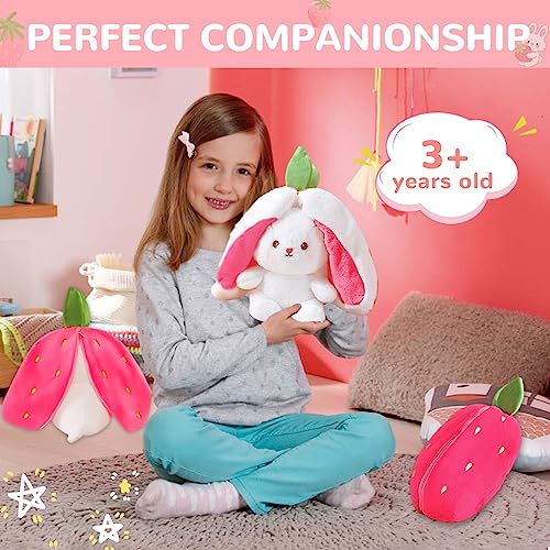 TOGETDREAM Osterhase Plüschtier, 25CM Karotte Erdbeer Kuscheltier Kawaii Hase Stofftier Hasen Verstecken Und Suchen Ausgestopftes Spielzeug Geburtstagsgeschenk für über12+ Kinder (Erdbeer)