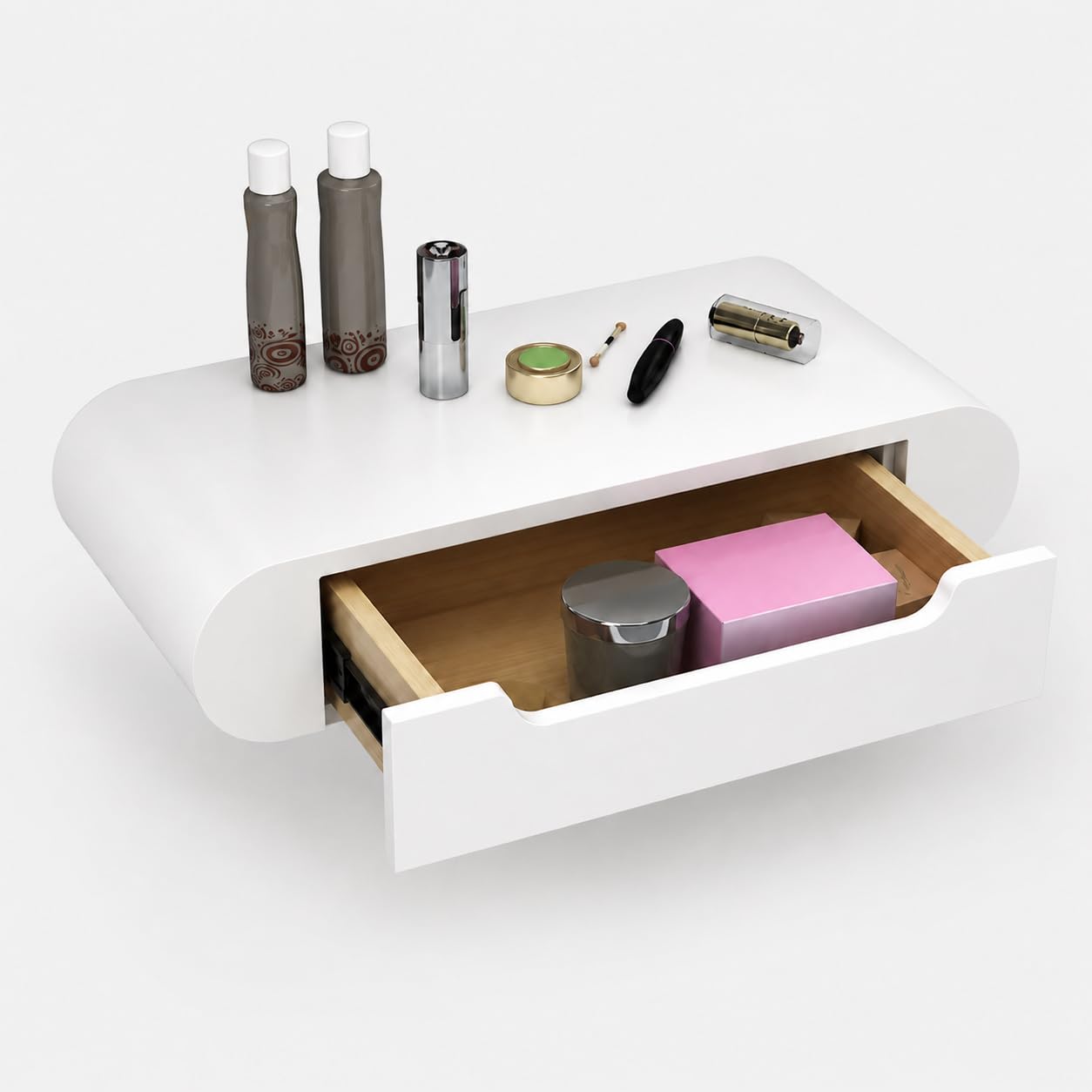 Tocador flotante esquinero y cómoda de maquillaje de pared para organizar cosméticos