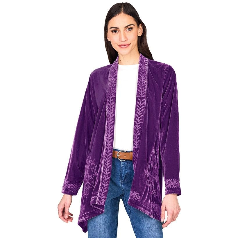 Image of Women's Embroidered Velvet Open Front Cardigan Jacket - Purple 2X