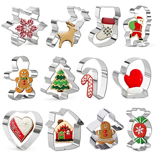 Olywee - Juego de 12 cortadores de galletas navideñas para vacaciones, diseño de hombre de jengibre, copo de nieve, árbol de Navidad y más formas de acero inoxidable
