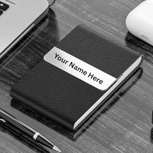 Image of FELSTAR Customized /Personalized Card Holder with Name Engraved, Leather Professional Business Visiting Card Holder /Credit Card Holders Men, Women Day Gift, Corporate Gift for Employees (S Black Plain)