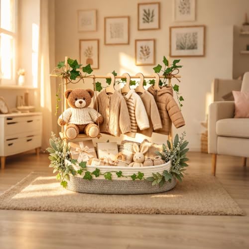 Image of Large Baby Shower Basket Empty Baby Shower Crate Closet Woven Baskets | 16.5 inch x 9.5 inch Woven Baskets with Clothes Hangers and Gift Bag New Born Empty Storage for Welcome Gift Pregnancy New Parent