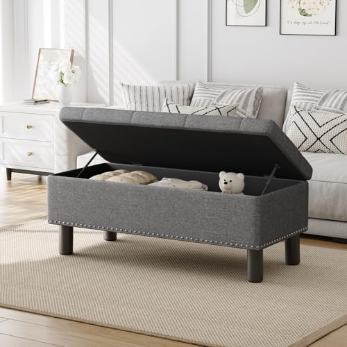 Furniliving Ottoman Bench with Storage, Folding Storage Ottoman Bench with Wood Legs, Upholstered Bedroom Bench with Button-Tufted, Entryway Bench Storage Bench for Bedroom, Linen (Darkgrey) - Thumbnail 4