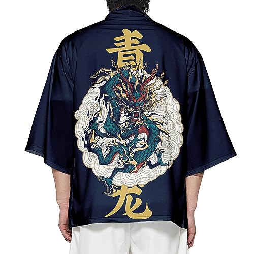 Image of DOSLAVIDA Men's Japanese Kimono Cardigan Suit Chinese Style Printed Jacket Pants Set Open Front Seven Sleeve Top & Shorts
