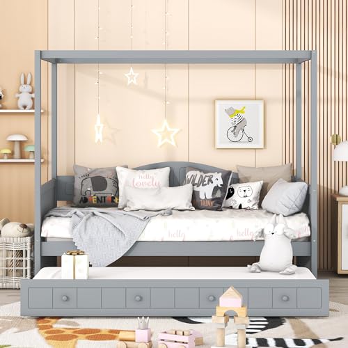 Twin Size Canopy Day Bed with Trundle,4-Post Wooden Platform Bed