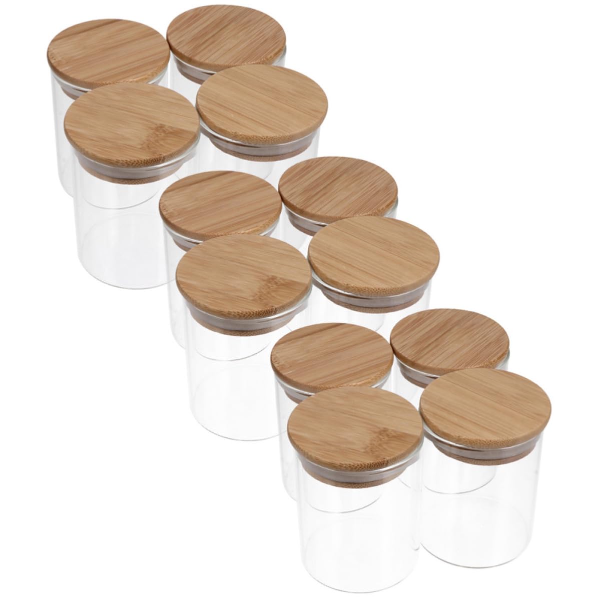 Tarro de Cristal 250ml con Tapa de Bambú, Juego de 12 Unidades | Boca Ancha, Vidrio y Silicona, para Café, Té y Especias, Formato Compacto de Cocina