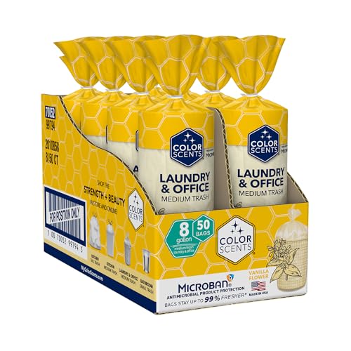 Color Scents Medium Trash Bags - 8 Gallon, 400 Total Bags (8 Packs of 50 Count), Twist Tie - Ivory Bag in Vanilla Flower Scent with Microban