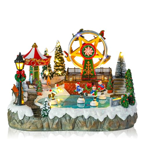 MUMTOP Christmas Village Amusement Park with Moving Skaters, Light Up