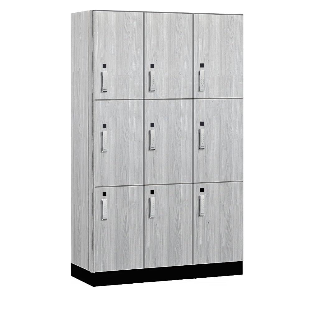 Salsbury 15 Wide Premier Wood Locker-Triple Tier-3 Wide-6 Feet High-18 Deep-Silver Teak-Silver Electronic Locks