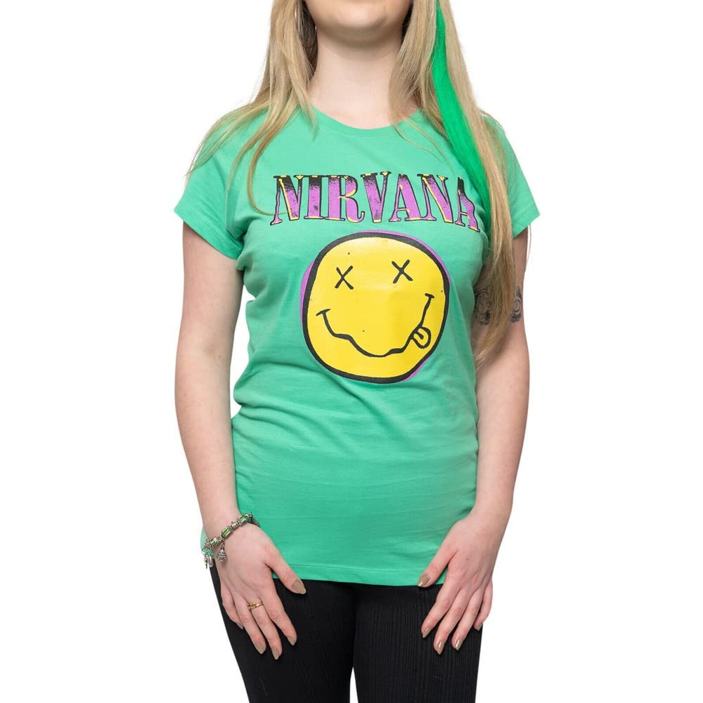 Nirvana T Shirt Smile Pink Band Logo Official Womens Skinny Fit Green L
