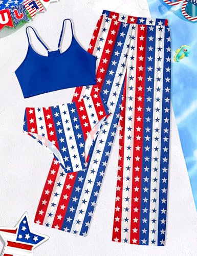 Image of NECIOUS Girls 4th of July Swimsuit 3 Piece American Flag Print Bathing Suits with Cover Up Pants Size 14-16 Girls Patriotic Swimsuit