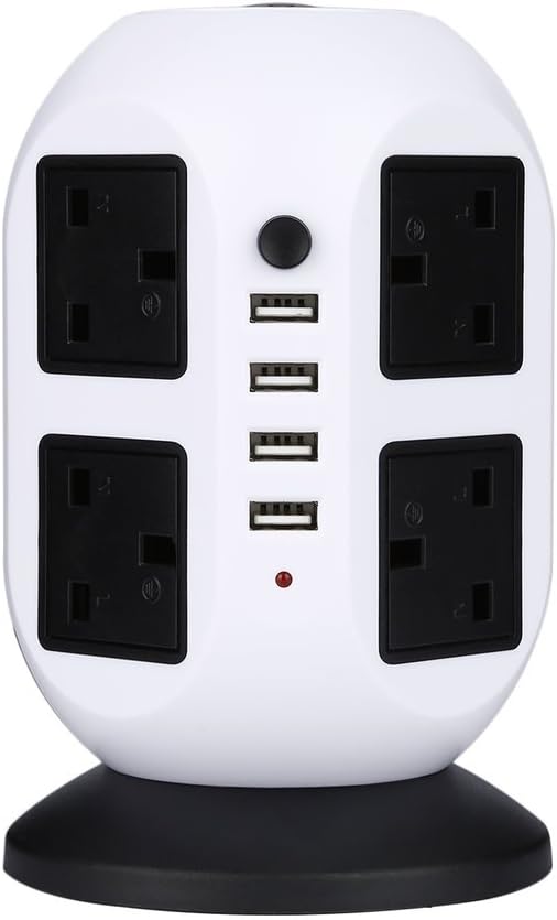 Elepawl 6.5ft / 2M Extension Lead Vertical Power Strip - Multi-sockets Surge Protector, 8 Outlets & 4 USB Ports (2500W, 110-250V) Tower Power Socket