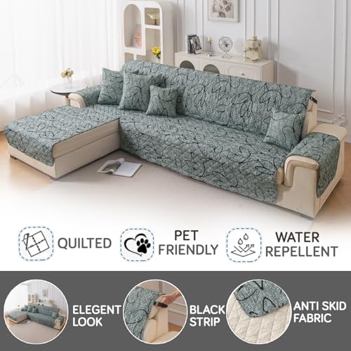 Image of HOKIPO 'Elira Series' Printed Quilted One-Piece L Shape 5 Seater (3+2) Sofa Cover Mat with Left Chaise | Anti-Slip Backing & SecureFit Belt, Intense Grey Abstract Floral (AR-5374-C2)