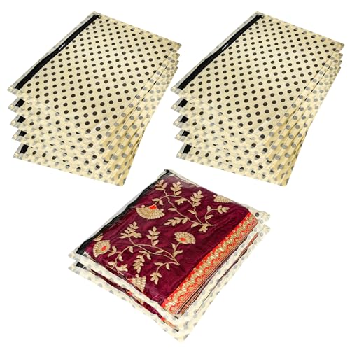Image of Kuber Industries Non-Woven Saree Cover | Clothes Storage Bag | Single Packing Saree With Zip Closure | Wardrobe Organizer | Cloth Stoarge Organizer | Dot Design | Pack Of 12 | Cream